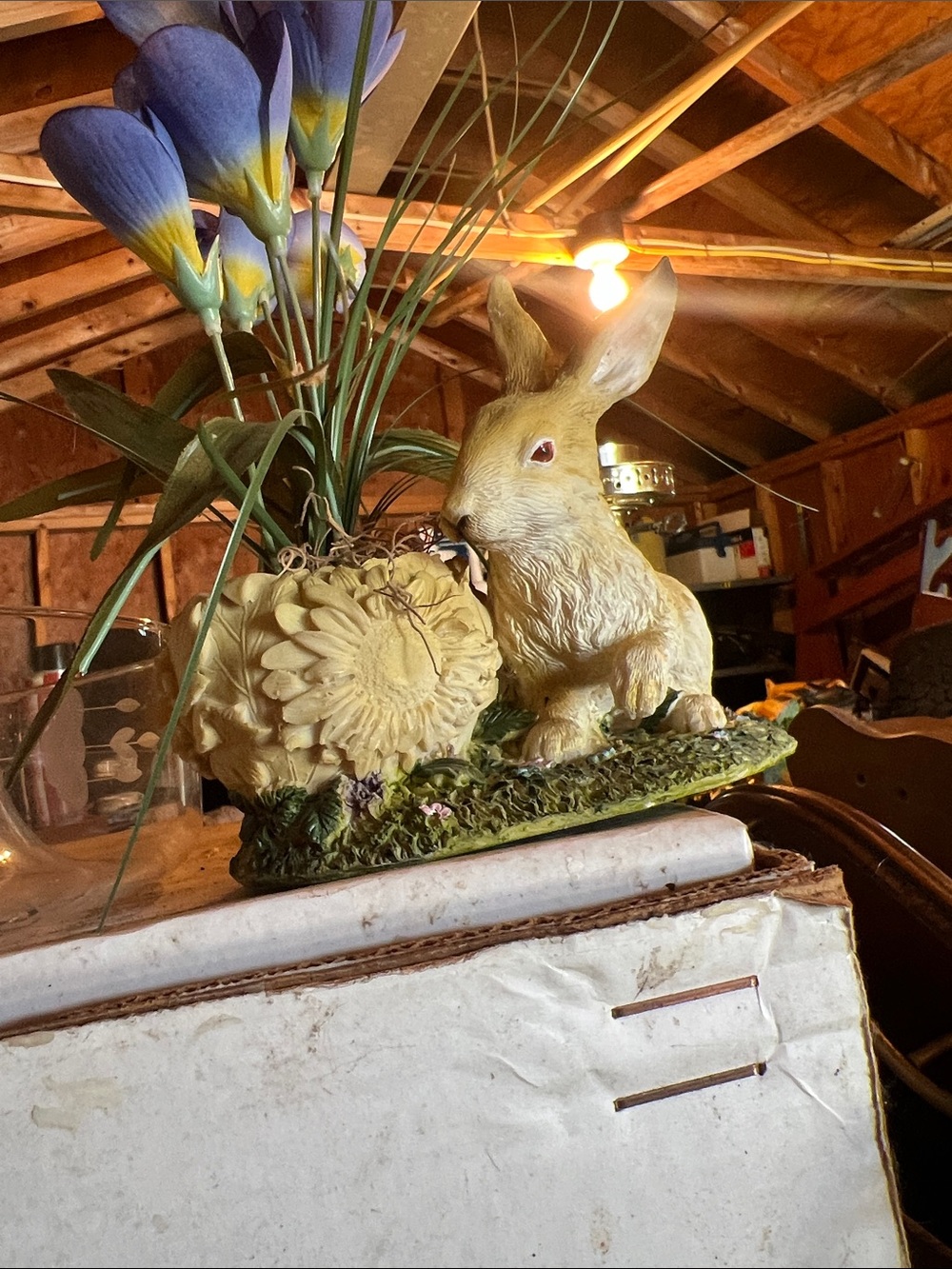 Vintage Yellow resin Bunny Planter with Floral Detail